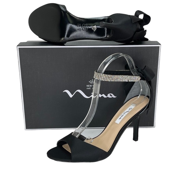 Nina Vinnie Black Satin Womens Heels 10M Rhinestone Ankle Strap - Picture 11 of 11